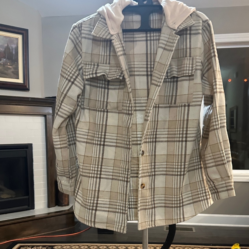 Small Plaid Button-Up Shacket with removable hood